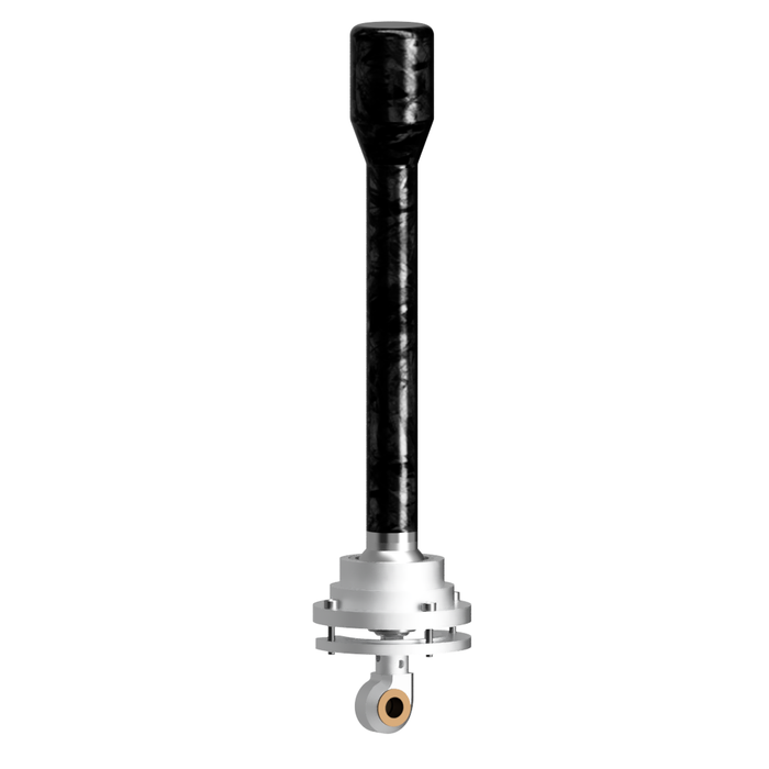 Guebara Performance Composites forged-carbon short-shifter assembly for E46, showing shaft, carrier adapter, and carbon upper section